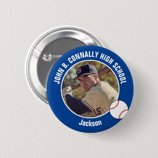 Blue Baseball Player Photo High School Spirit Button (Vorne & Hinten)