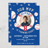 Blue Baseball Themed Kindergeburtstag Foto Einladung (Vorne/Hinten)