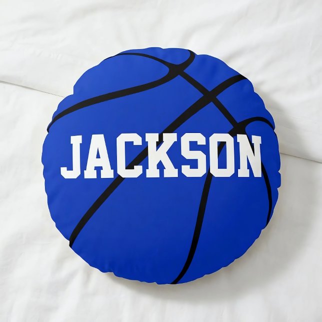 Blue Basketball Custom Round Throw Kissen (Personalized blue basketball pillow on bed.)