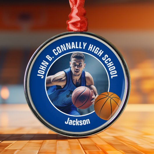 Blue Basketball Player Photo Christmas Ornament Aus Metall