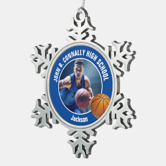 Blue Basketball Player Photo Keepsake Gift Schneeflocken Zinn-Ornament (Rechts)
