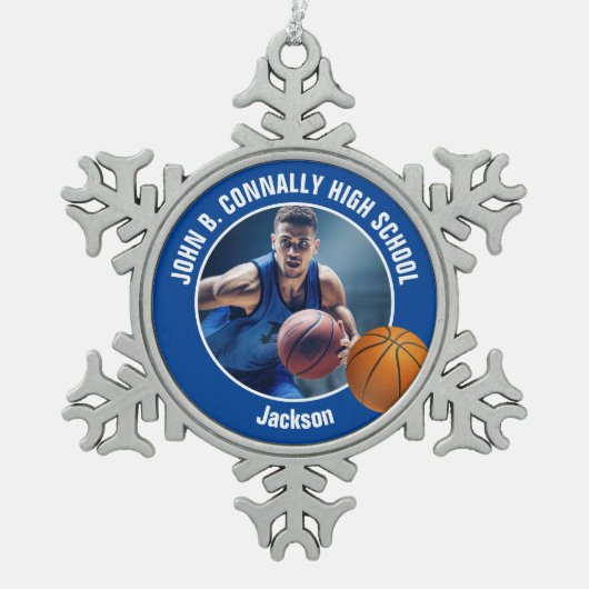 Blue Basketball Player Photo Keepsake Gift Schneeflocken Zinn-Ornament (Vorderseite)