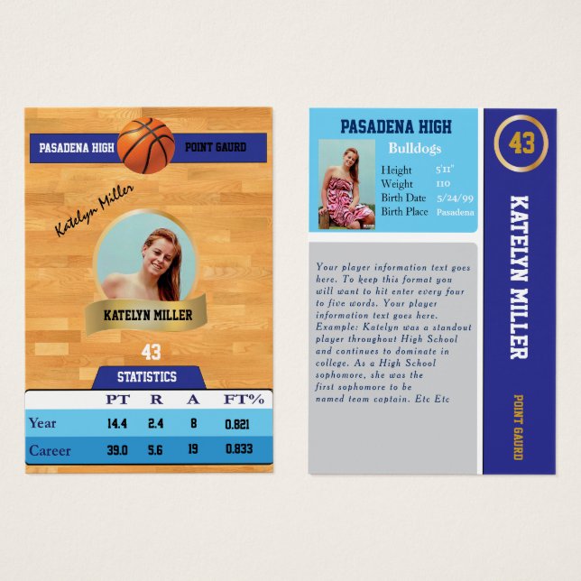 Blue Basketball Trading Sports Card mit Autogramm (Vorne & Hinten)
