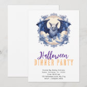 Blue Bat Blue Flowers Halloween Abendessen Party Einladung (Vorne/Hinten)