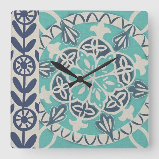 Blue Batik Tile I Quadratische Wanduhr (Vorderseite)