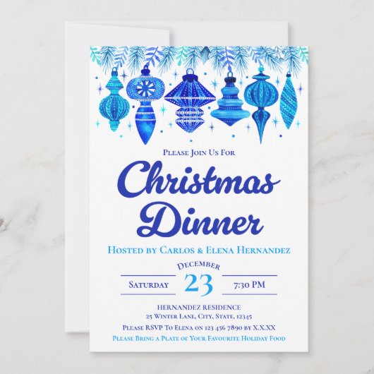 Blue Baubles Weihnachts-Abendessen Einladung (Vorderseite)