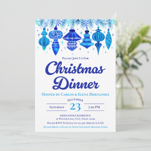 Blue Baubles Weihnachts-Abendessen Einladung (Stehend Vorderseite)