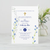 Blue Bautizo Bautismo Floral Laves Katholisches Kr Einladung (Stehend Vorderseite)