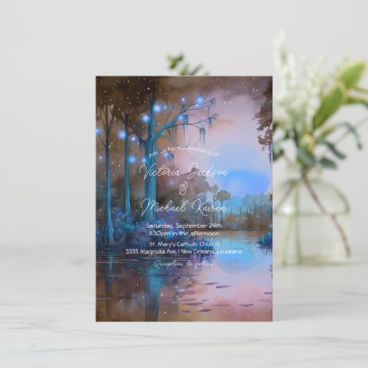 Blue Bayou Abend Wedding Einladung (Stehend Vorderseite)