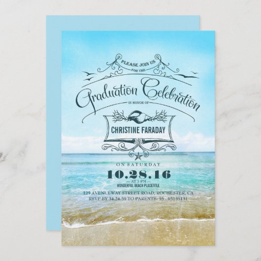 Blue Beach Abschluss Celebration Einladung (Vorne/Hinten)