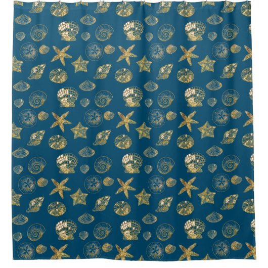 Blue Beach Gold Muscheln Duschvorhang (Vorderseite)