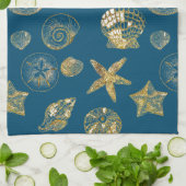 Blue Beach Gold Muscheln Geschirrtuch (Gefaltet)