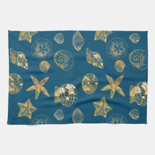 Blue Beach Gold Muscheln Geschirrtuch (Horizontal)