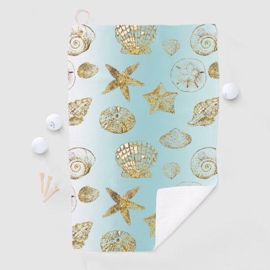 Blue Beach Gold Muscheln Golfhandtuch (Insitu)