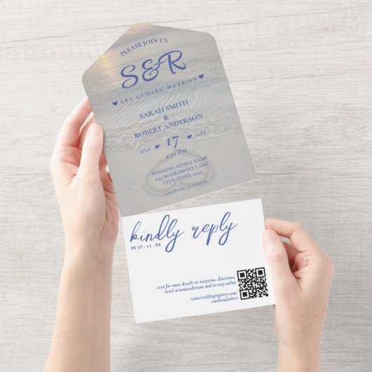 Blue Beach Heart QR Code Hochzeit All In One Einladung (Abreißen)