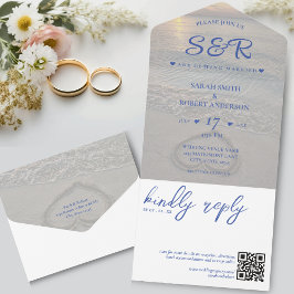 Blue Beach Heart QR Code Hochzeit All In One Einladung
