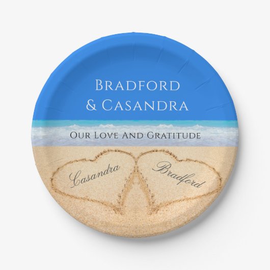 Blue Beach Hochzeit 2 Herz im Sand Pappteller (Vorderseite)