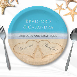 Blue Beach Hochzeit 2 Herz im Sandpapier P Pappteller