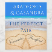 Blue Beach Hochzeit 2 Herz in Sand Weinetikett (Einzelnes Label)