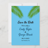 Blue Beach Hochzeit von Navy Tropical Palm Blätter Save The Date (Vorderseite)