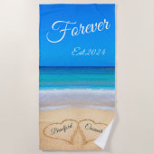 Blue Beach Hochzeitsherzen in Sand Forever Beach b Strandtuch (Vorderseite)