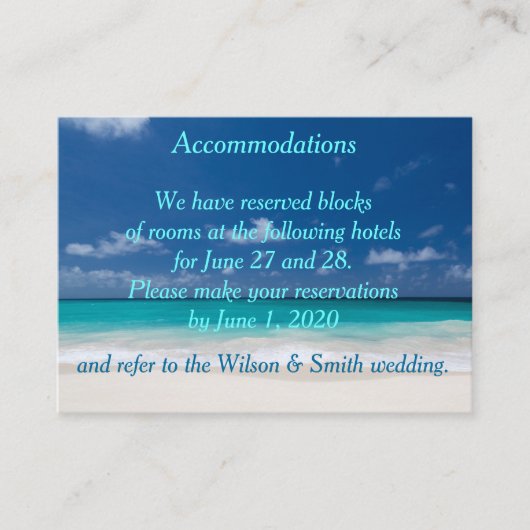 Blue Beach Hochzeitsunterkünfte Business Cards Begleitkarte (Vorderseite)