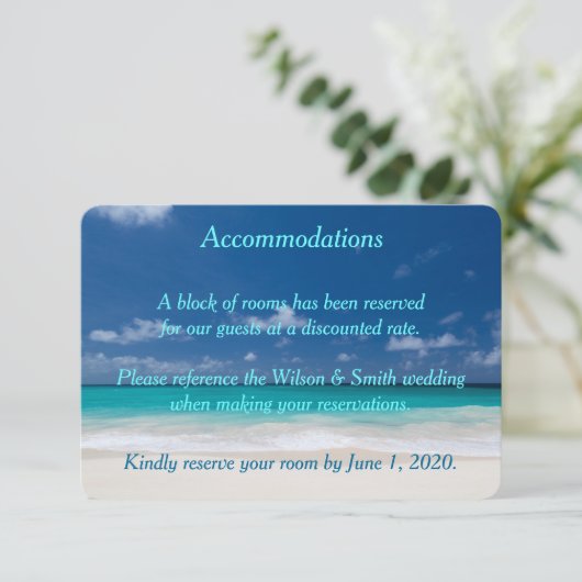 Blue Beach Hochzeitsunterkünfte Karten (Stehend Vorderseite)