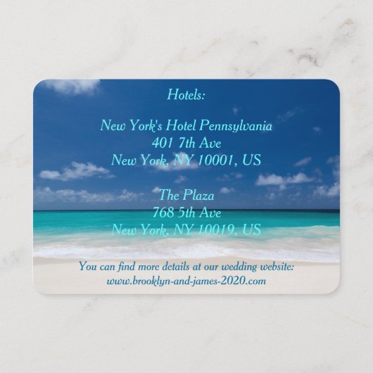 Blue Beach Hochzeitsunterkünfte Karten (Rückseite)