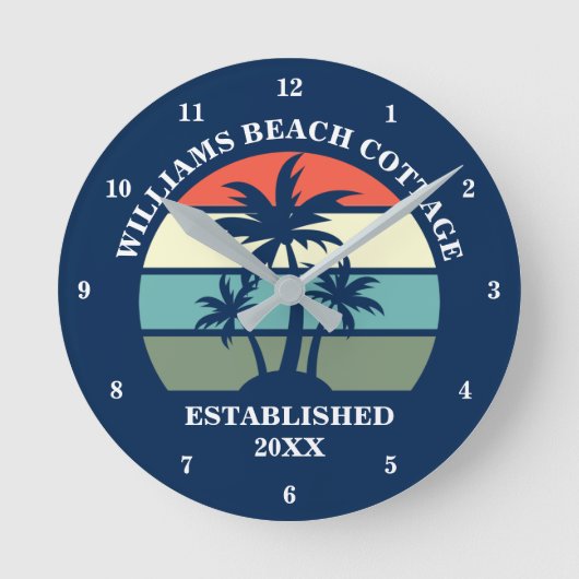 Blue Beach House Palm Tree Island Zuhause Custom Runde Wanduhr (Vorderseite)