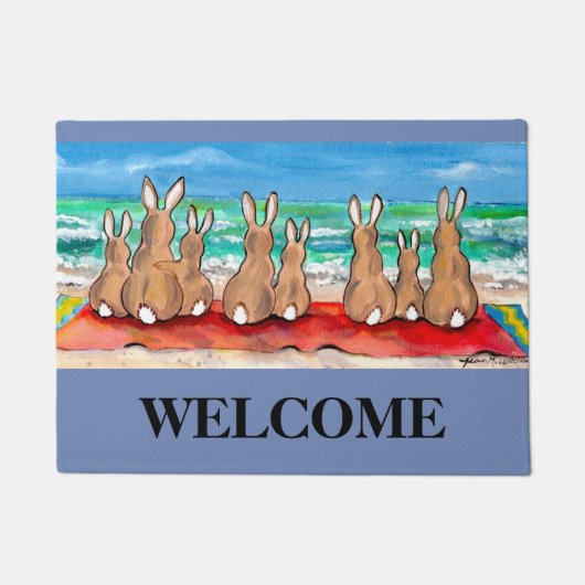 Blue Beach House Rabbit Welcome Mat Personalisiert Fußmatte (Vorderseite)