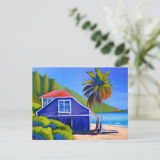 Blue Beach House und Palm Tree | BEHALTEND TOUCH Postkarte (Stehend Vorderseite)