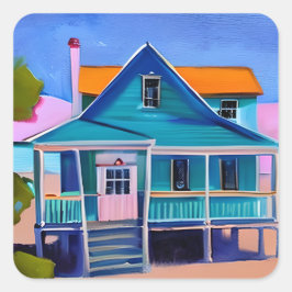 Blue Beach House Urlaub Quirky Art Quadratischer Aufkleber