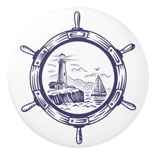Blue Beach Lighthouse Ship Wheel Nautical Keramikknauf (Vorderseite)