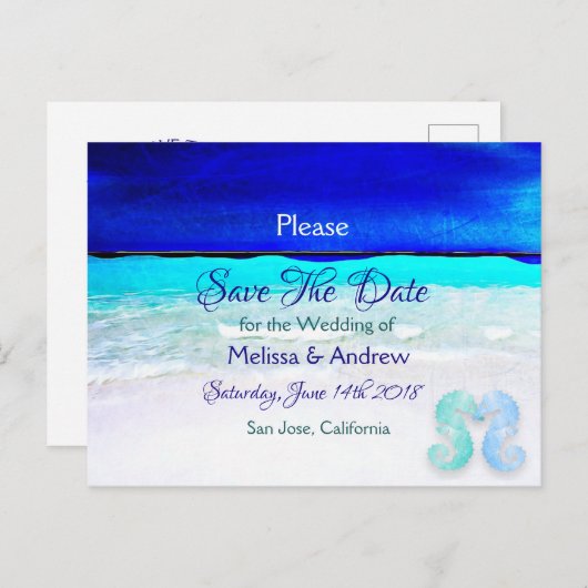 Blue Beach Ocean Themed Wedding Save the Date Ankündigungspostkarte (Vorne/Hinten)