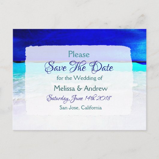 Blue Beach Ocean Themed Wedding Save the Date Ankündigungspostkarte (Vorderseite)