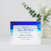 Blue Beach Ocean Themed Wedding Save the Date Ankündigungspostkarte (Stehend Vorderseite)
