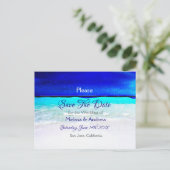 Blue Beach Ocean Themed Wedding Save the Date Ankündigungspostkarte (Stehend Vorderseite)