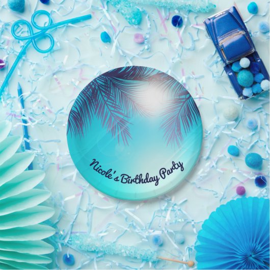 Blue BEACH PARTY Sunny Palm Trees Sommer Geburtsta Pappteller (Party)