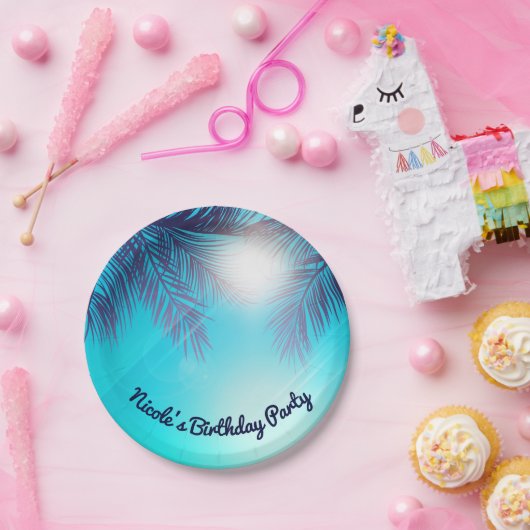 Blue BEACH PARTY Sunny Palm Trees Sommer Geburtsta Pappteller (Party)