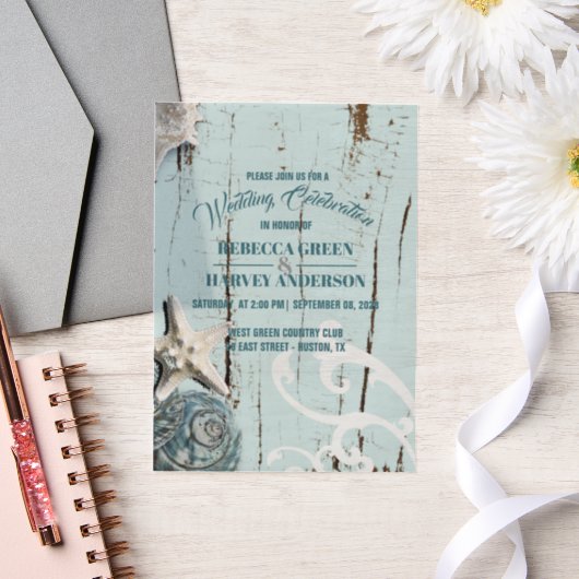 Blue Beach Seashell Starfish Coastal Hochzeit Pergament Einladungen (Hochzeit)
