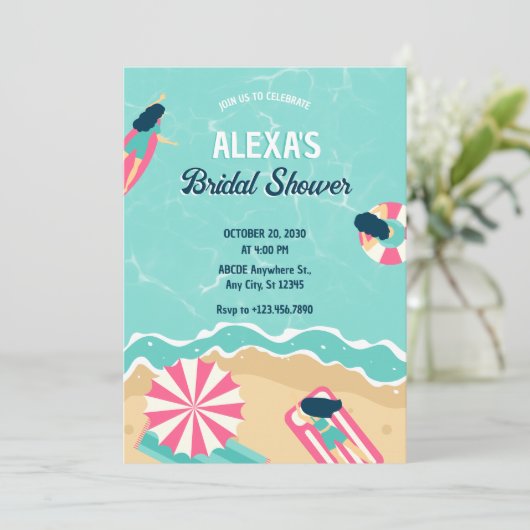 Blue Beach Sommer Party Surfen Brautparty Einladung (Stehend Vorderseite)