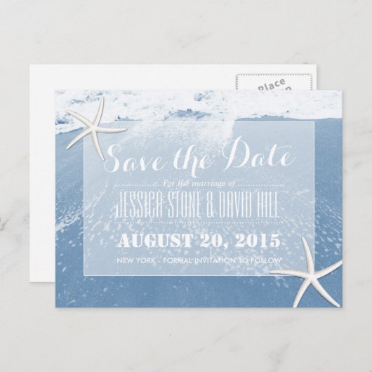 Blue Beach & Starfish Save the Date Ankündigungspostkarte (Vorne/Hinten)