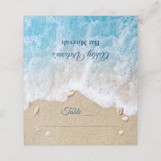 Blue Beach Waves Bat Mitzvah Folded Platzkarte (Außenseite Aufgefaltet)