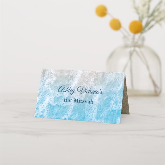 Blue Beach Waves Bat Mitzvah Folded Platzkarte (Rückseite)