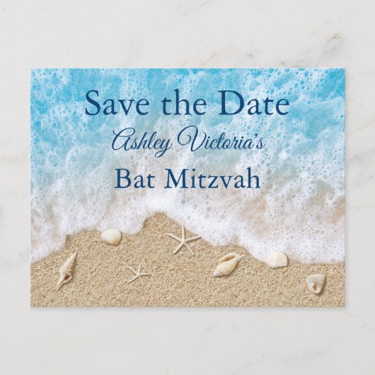 Blue Beach Waves Bat Mitzvah Save the Date Einladungspostkarte (Vorderseite)