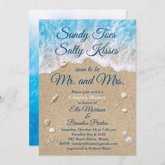 Blue Beach Waves Sandy Toes Couple Dusche Einladung (Vorne/Hinten)