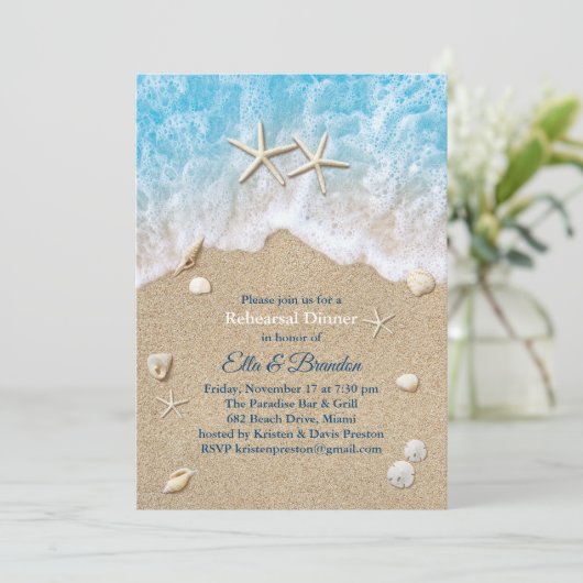 Blue Beach Waves & Starfish Probe Abendessen Einladung (Stehend Vorderseite)