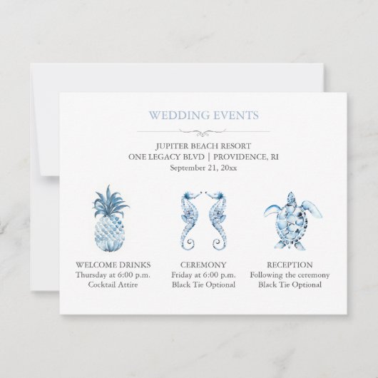 Blue Beach Wedding Event Details with QR Code Einladung (Vorderseite)