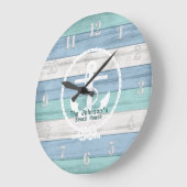 Blue Beach Wood Nautical Stripes & Anchor Large C Große Wanduhr (Winkel)