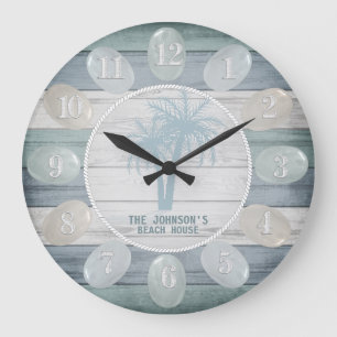 Blue Beach Wood Sea Glass & Palm Trees Große Wanduhr